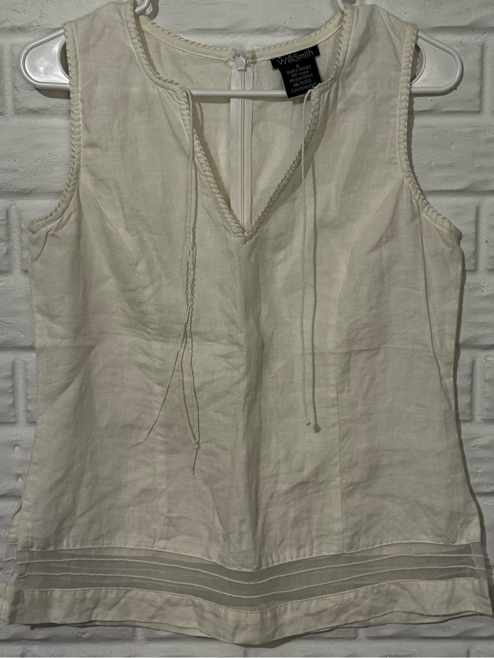 WilliSmith Tank Top Women’s Small Cream Ivory V Beck 100% Linen Blouse Zip Back